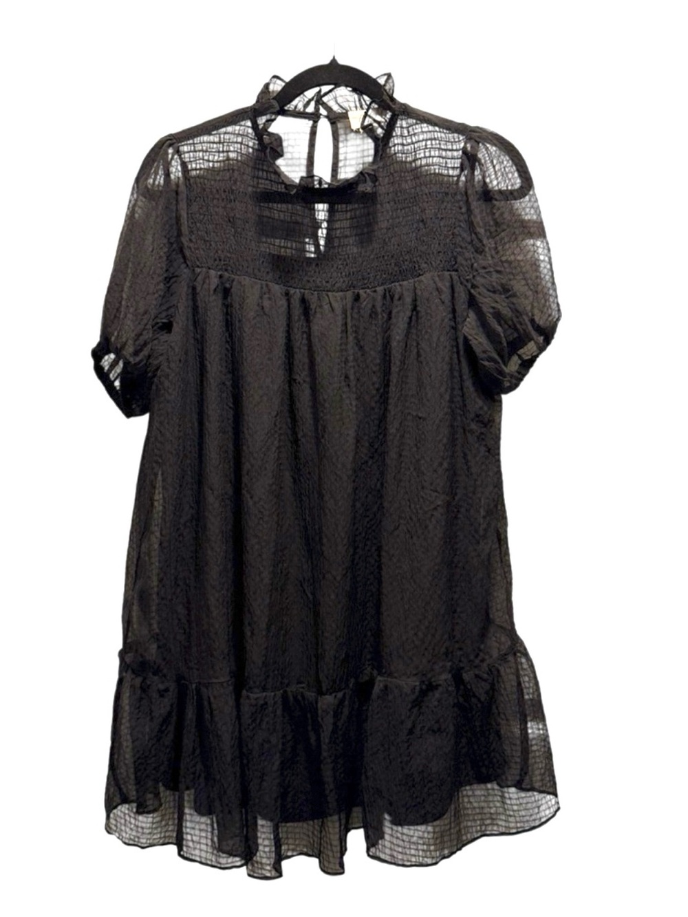 Lena Black Sheer Textured Smocked Mock Neck Mini Dress Babydoll Ruffle Small